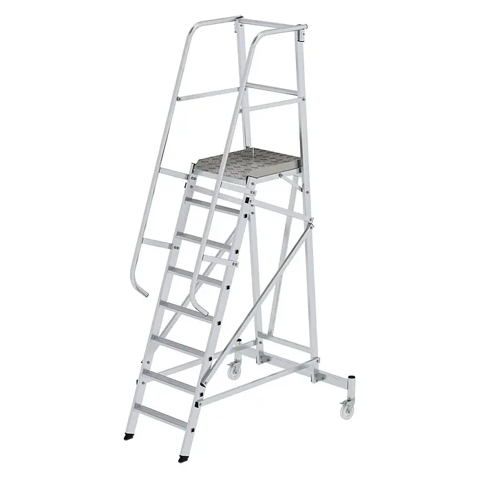 Munk Podestleiter Plattformleiter fahrbar 8 Stufen - Anzahl Tritte: 8 Stk., Arbeitshöhe: 3.850 m, Aluminium - Mobile Plattformleiter aus silbernem Aluminium mit Handläufen, breiten Stufen und Rollen.