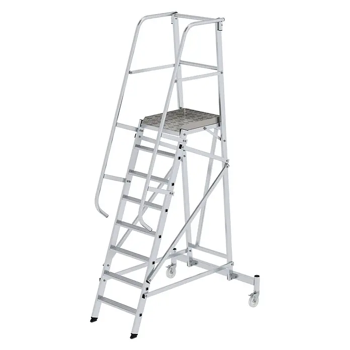 Munk Podestleiter Plattformleiter fahrbar 8 Stufen - Anzahl Tritte: 8 Stk., Arbeitshöhe: 3.850 m, Aluminium - Silberne mobile Aluminium-Arbeitsplattform mit Handläufen, rutschfesten Stufen und Rädern für sicheres Arbeiten.
