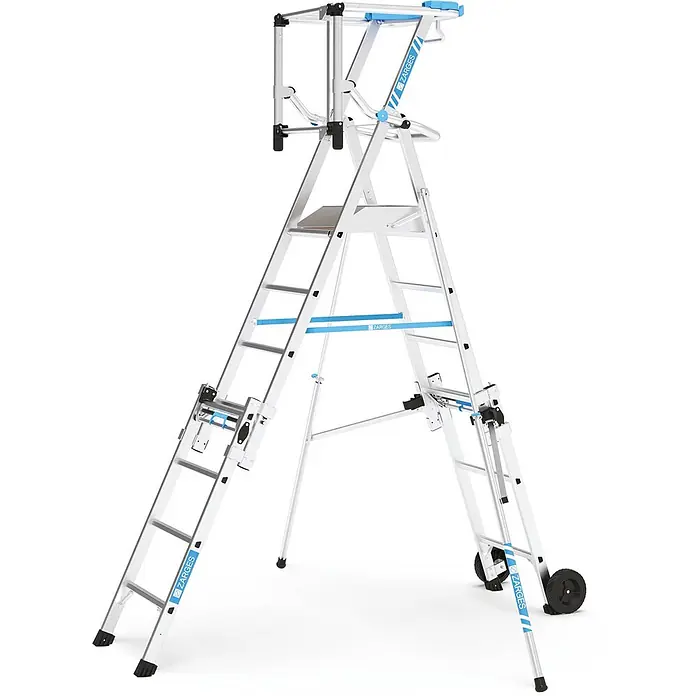 Zarges Teleskopleiter Teleskop Plattformleiter ZAP MASTERFLEX S 7-9 Sprossen - Anzahl Tritte: 7 Stk., Arbeitshöhe: 4.300 m, Belastbarkeit: 150 kg, Aluminium - Silberfarbene Aluminium-Mehrzweck-Arbeitsplattform mit blauen Akzenten, integrierter Standfläche, Sicherheitsgeländer und Rollen.
