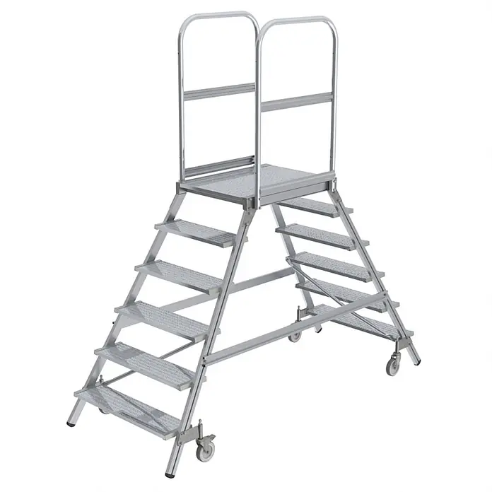 Munk Podestleiter Podestleiter fahrbar Aluminium geriffelt 2x6 Stufen - Anzahl Tritte: 6 Stk., Arbeitshöhe: 3.500 m, Aluminium - Silberne mobile Arbeitsbühne aus Aluminium mit Stufen, Handläufen und Rollen.