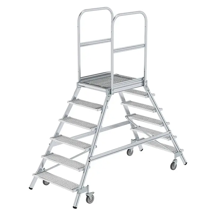 Munk Podestleiter Podestleiter fahrbar Stahl-Gitterrost 2x6 Stufen - Anzahl Tritte: 6 Stk., Arbeitshöhe: 3.500 m, Aluminium - Mobile Aluminium-Arbeitsplattform mit beidseitigen Treppen, Oberplattform, Geländern und Rollen.