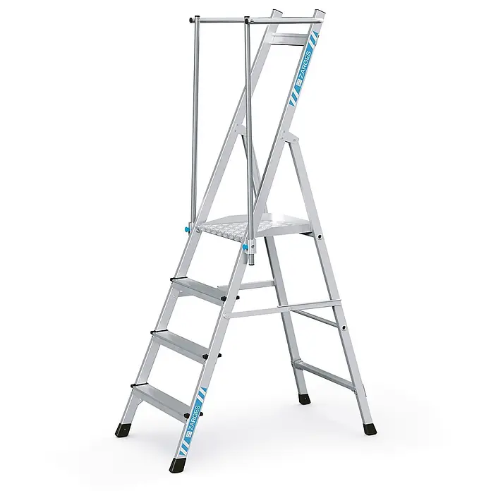 Zarges Podestleiter Plattformleiter ZAP Neo S mit klappbarem Handlauf 4 Stufen - Anzahl Tritte: 4 Stk., Arbeitshöhe: 2.990 m, Aluminium - Silberfarbene Aluminium-Podestleiter mit rutschfesten Stufen und Schutzgeländer.