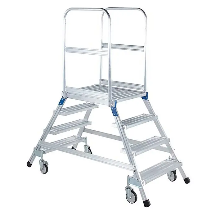 Zarges Podestleiter Podestleiter fahrbar mit 2x7 Leichtmetall-Stufen - Anzahl Tritte: 7 Stk., Aluminium - Mobile Arbeitsplattform aus silbernem Aluminium mit Stufen, Sicherheitsgeländer und Rollen.