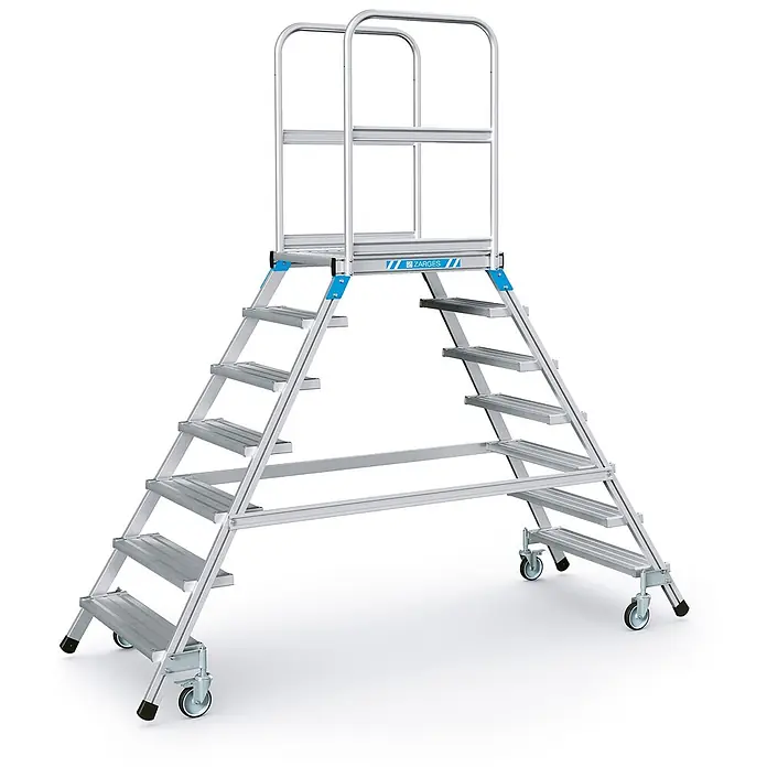 Zarges Podestleiter Podestleiter fahrbar mit 2x7 Leichtmetall-Stufen - Anzahl Tritte: 7 Stk., Aluminium - Silberne Aluminium-Arbeitsplattform auf Rollen, beidseitig begehbar, mit Schutzgeländer.