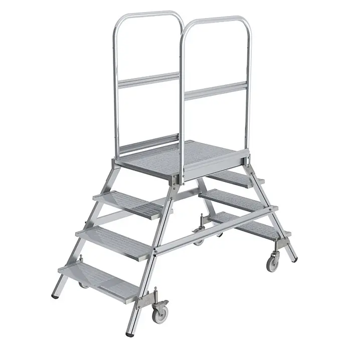 Munk Podestleiter Podestleiter fahrbar Aluminium geriffelt 2x4 Stufen - Anzahl Tritte: 4 Stk., Arbeitshöhe: 3.000 m, Aluminium - Mobile Arbeitsplattform aus Aluminium mit rutschfesten Stufen, Handläufen und Rollen.