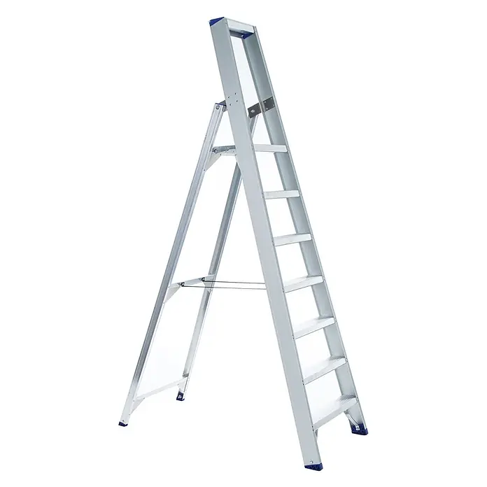 ASC Podestleiter Eurostairs Stufenstehleiter einseitig eloxiert mit Plattform 7 Stufen - Anzahl Tritte: 7 Stk., Arbeitshöhe: 3.550 m, Aluminium - Silberne Aluminium-Stehleiter mit fünf Stufen und blauen Antirutschfüßen.