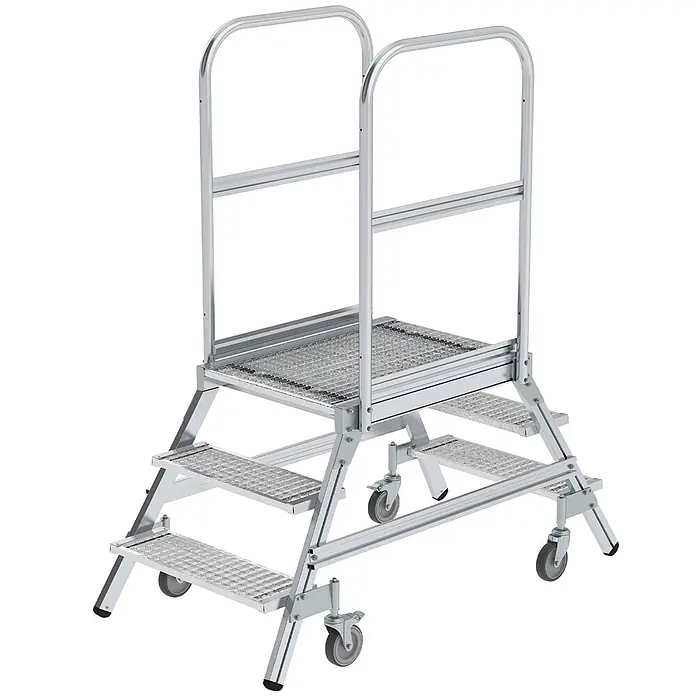Munk Podestleiter Podestleiter fahrbar Stahl-Gitterrost 2x3 Stufen - Anzahl Tritte: 3 Stk., Arbeitshöhe: 2.700 m, Aluminium - Mobile, silberfarbene Aluminium-Arbeitsplattform mit 3 Stufen, Sicherheitsgeländern und Rollen.