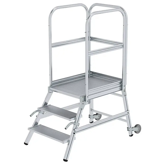 MUNK Podestleiter mit Rollen und Griff Aluminium geriffelt 3 Stufen -  - Mobile Arbeitsplattform aus silbernem Aluminium mit zwei Stufen, Geländern und Rollen.