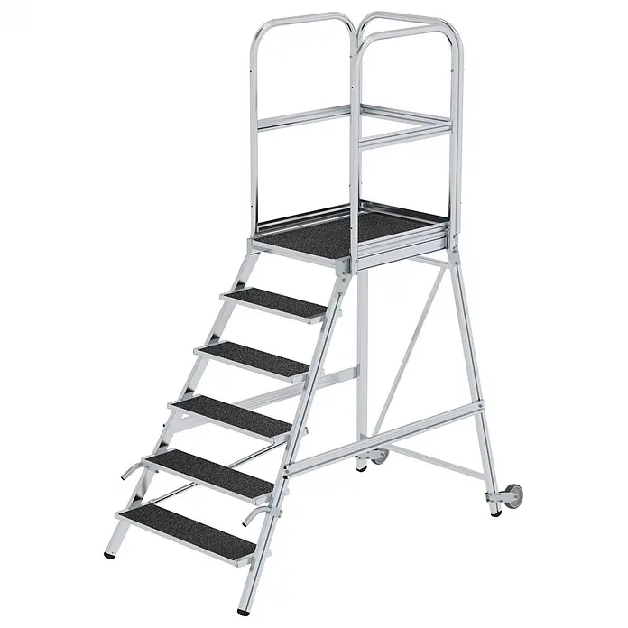 Munk Podestleiter Podestleiter mit Rollen und Griff R13 Korund 6 Stufen - Anzahl Tritte: 6 Stk., Arbeitshöhe: 3.500 m, Aluminium - Mobile Aluminium-Arbeitsplattform mit rutschfesten schwarzen Stufen, Geländern und Rollen zur einfachen Positionierung.