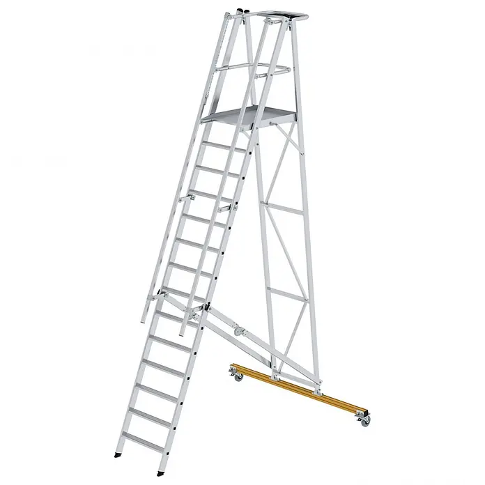 Munk Podestleiter Podestleiter klappbar 14 Stufen - Anzahl Tritte: 14 Stk., Arbeitshöhe: 5.250 m, Aluminium - Silberfarbene, mobile Aluminium-Arbeitsplattform mit Leiter, Geländer und Rollenbasis.