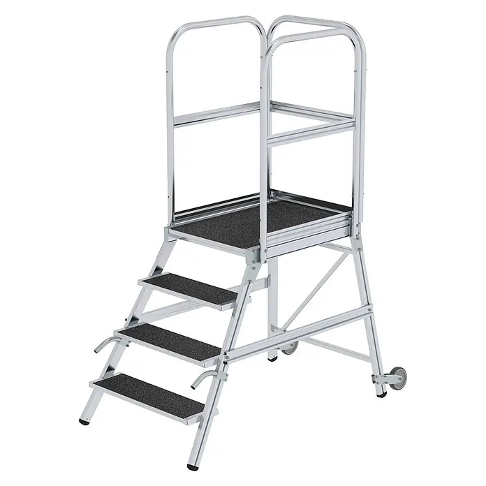 Munk Podestleiter Podestleiter mit Rollen und Griff R13 Korund 4 Stufen - Anzahl Tritte: 4 Stk., Arbeitshöhe: 3.000 m, Aluminium - Silberne Aluminium-Arbeitsplattform mit schwarzen Antirutschstufen, Geländer und Rollen für den Industrieeinsatz.