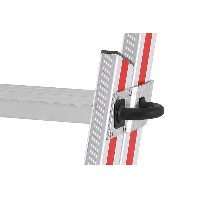 Hymer Teleskopleiter Plattformleiter Protect+ mit Teleskopausleger und Sicherheitstüren 5-8 Spr - Arbeitshöhe: 3.770 m, Aluminium - Silberne Leiter mit roten Streifen und schwarzem Hakenaufsatz.