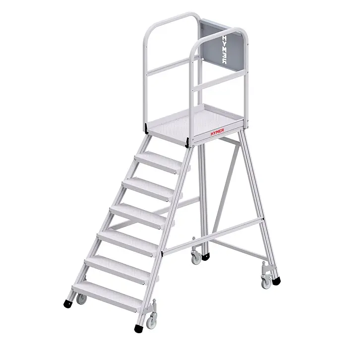 Hymer Podestleiter Podesttreppe 6388 R13 fahrbar einseitig begehbar 7 Stufen - Anzahl Tritte: 7 Stk., Arbeitshöhe: 3.700 m, Aluminium - Helle Aluminium-Arbeitsplattform auf Rollen mit rutschfesten Stufen und Schutzgeländer.
