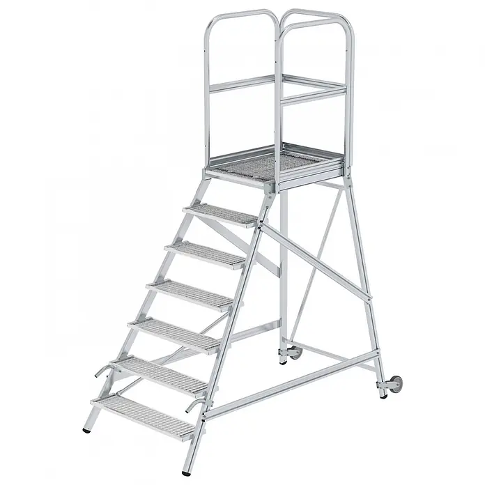 Munk Podestleiter Podestleiter mit Rollen und Griff Stahl-Gitterrost 7 Stufen - Anzahl Tritte: 7 Stk., Arbeitshöhe: 3.700 m, Aluminium - Silberne mobile Plattformtreppe aus Metall mit gelochten Stufen und Sicherheitsgeländer.