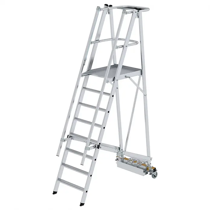 Munk Podestleiter Podestleiter fahrbar mit schmaler Traverse 8 Stufen - Anzahl Tritte: 8 Stk., Arbeitshöhe: 3.850 m, Aluminium - Mobile Arbeitsplattform aus silbernem Aluminium mit Leiter, Sicherheitsgeländern und Transporträdern.