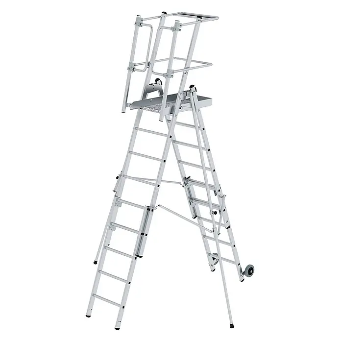 Munk Podestleiter Plattformleiter FlexxStep 6 Sprossen mit Teleskopaufsatz plus 3 Sprossen - Anzahl Tritte: 9 Stk., Arbeitshöhe: 4.370 m, Aluminium - Silberne Aluminium-Mehrzweckleiter mit Arbeitsplattform, Schutzgeländern und Rollen für Mobilität.