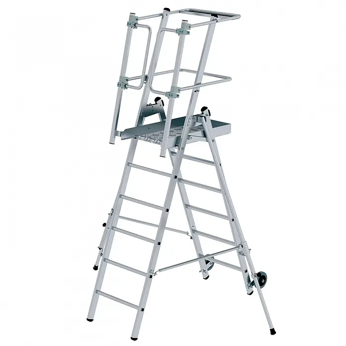 Munk Podestleiter Plattformleiter FlexxStep 6 Sprossen - Anzahl Tritte: 6 Stk., Arbeitshöhe: 3.550 m, Aluminium - Silberfarbene Aluminium-Sicherheitsarbeitsplattform mit Geländer, Ablage und Rädern für leichte Bewegung.