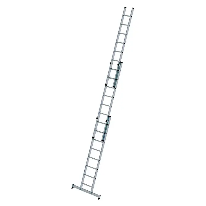 Munk Schiebeleiter Schiebeleiter mit nivello-Traverse 3x8 Sprossen - Anzahl Tritte: 8 Stk., Arbeitshöhe: 6.900 m, Aluminium - Silberne Ausziehleiter mit mehreren Segmenten und breitem Standfuß.