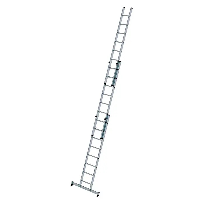 Munk Schiebeleiter Schiebeleiter mit nivello-Traverse 3x8 Sprossen - Anzahl Tritte: 8 Stk., Arbeitshöhe: 6.900 m, Aluminium - Silberne dreiteilige Auszugsleiter mit breitem Stabilisierungsfuß.
