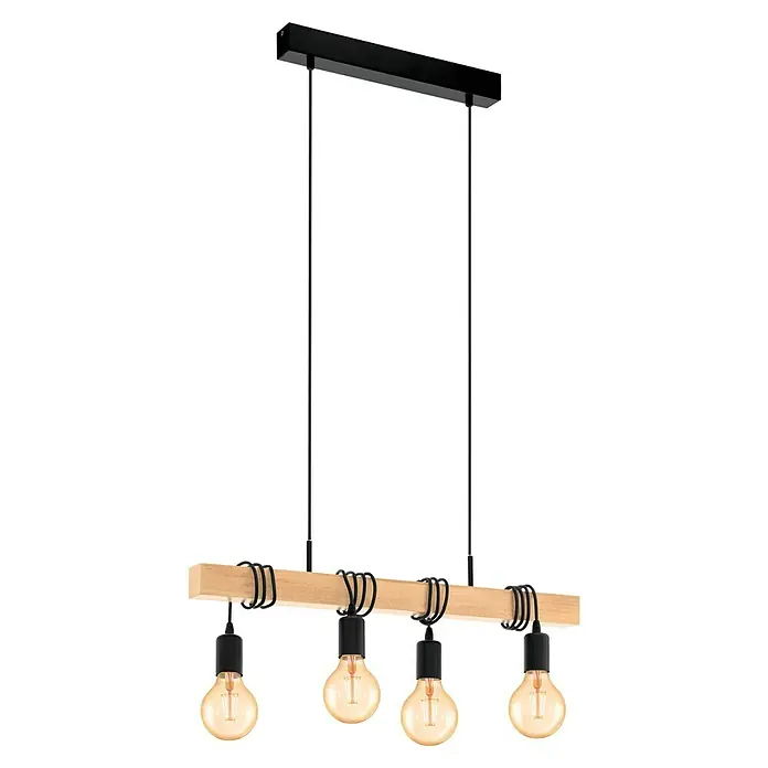 Eglo Townshend Pendelleuchte - B x H: 10,5 x 110 cm, Schwarz, Braun, 240 W - Elegante Pendelleuchte mit Holzbalken und vier Glühbirnen. Perfekt für stilvolle Beleuchtung im Wohnbereich.