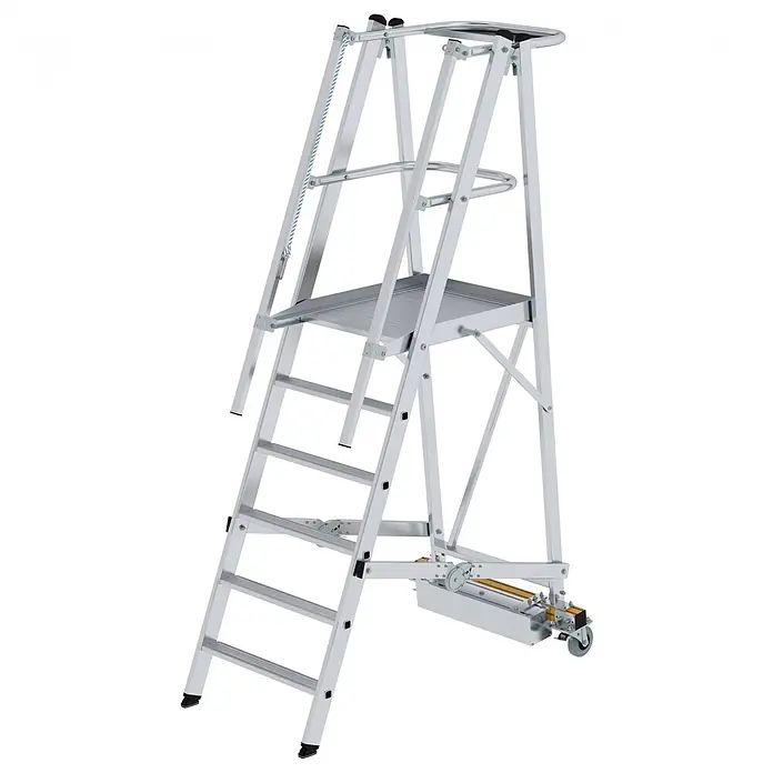 Munk Podestleiter Podestleiter fahrbar mit schmaler Traverse 6 Stufen - Anzahl Tritte: 5 Stk., Arbeitshöhe: 3.150 m, Aluminium - Silberne Aluminium-Mobilplattform mit Sicherheitsgeländer und Rollen.