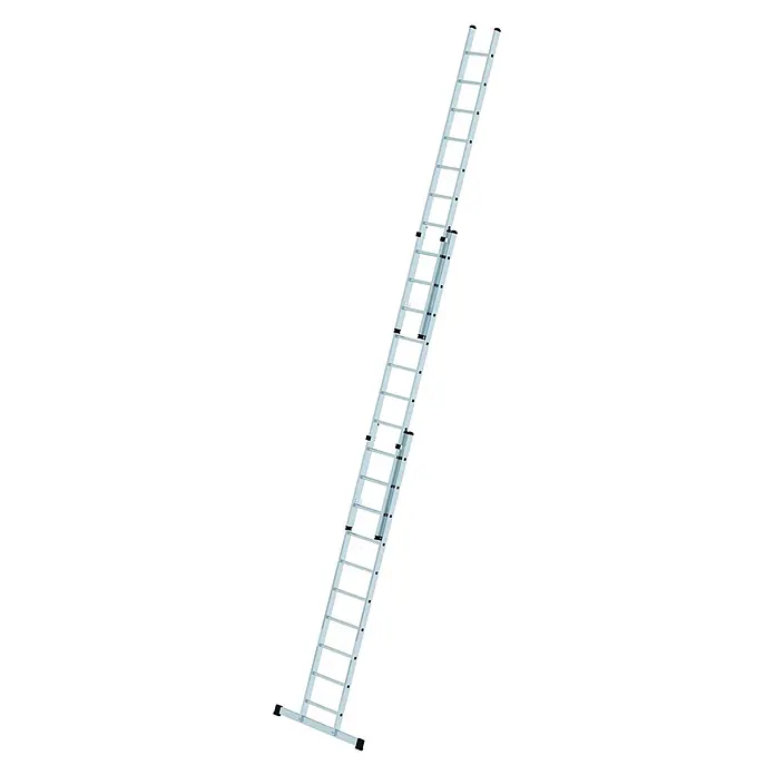 Munk Schiebeleiter Schiebeleiter mit Traverse 3x10 Sprossen - Anzahl Tritte: 10 Stk., Arbeitshöhe: 8.000 m, Aluminium - Ausziehbare silberne Aluminiumleiter mit schwarzen Füßen.