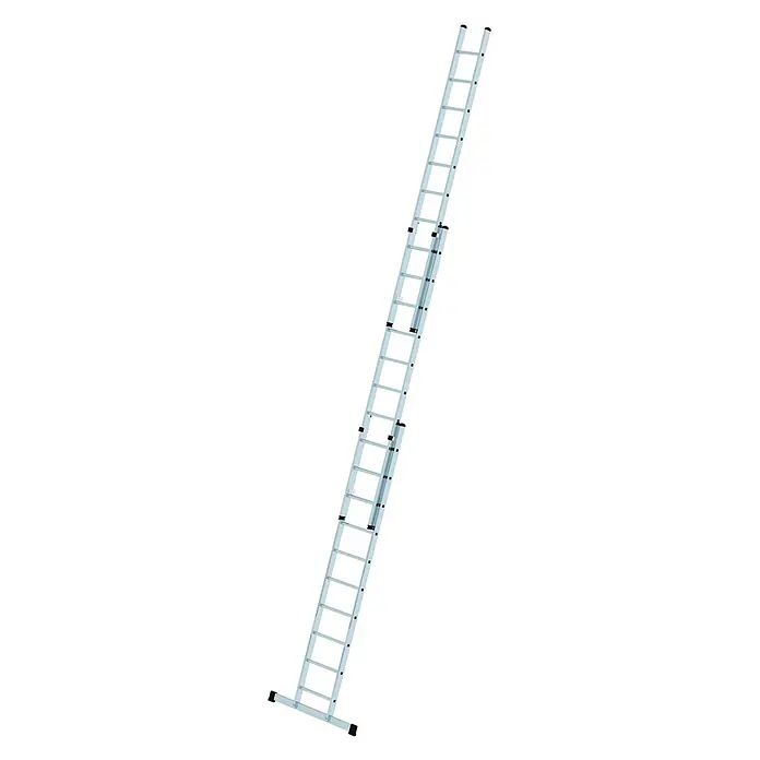 Munk Schiebeleiter Schiebeleiter mit Traverse 3x10 Sprossen - Anzahl Tritte: 10 Stk., Arbeitshöhe: 8.000 m, Aluminium - Silberne Aluminium-Ausziehleiter mit schwarzen Standfüßen und Verbindungselementen, voll ausgezogen.