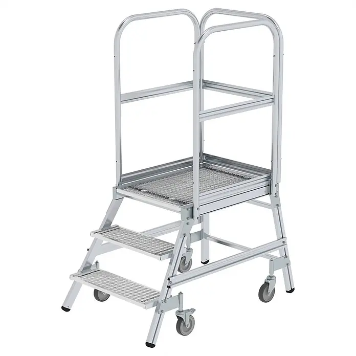 Munk Podestleiter Podestleiter fahrbar Stahl-Gitterrost 3 Stufen - Anzahl Tritte: 3 Stk., Arbeitshöhe: 2.700 m, Aluminium - Mobile Stufenplattform aus silbernem Aluminium mit zwei Stufen, Gitterrost-Plattform, Geländern und Rollen.
