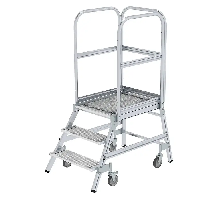 Munk Podestleiter Podestleiter fahrbar Stahl-Gitterrost 3 Stufen - Anzahl Tritte: 3 Stk., Arbeitshöhe: 2.700 m, Aluminium - Mobile Arbeitsplattform aus silbernem Aluminium mit mehreren Stufen, Handläufen und Lenkrollen.