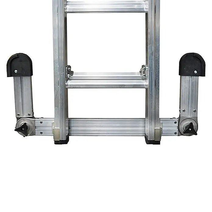 Euroline Schiebeleiter Premium 302 Schiebeleiter 2x14 Sprossen mit Vario-Traverse - Anzahl Tritte: 14 Stk., Arbeitshöhe: 7.800 m, Aluminium - Aluminium-Leiterfuß mit verstellbaren Auslegern, schwarzen Sterngriffen und Schutzkappen.
