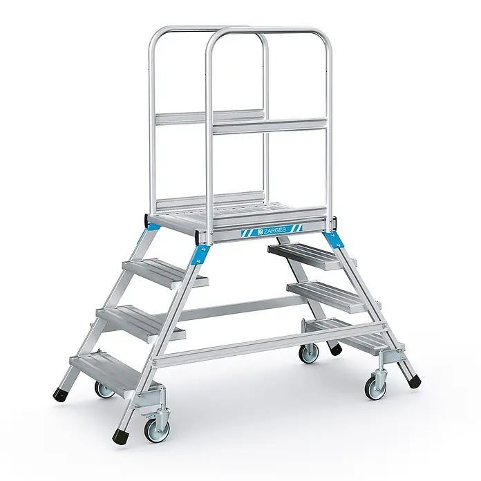 Zarges Podestleiter Podestleiter fahrbar mit 2x4 Leichtmetall-Stufen - Anzahl Tritte: 4 Stk., Aluminium - Mobile Arbeitsplattform aus Aluminium mit Handläufen, beidseitigen Stufen und Rollen für einfache Bewegung.