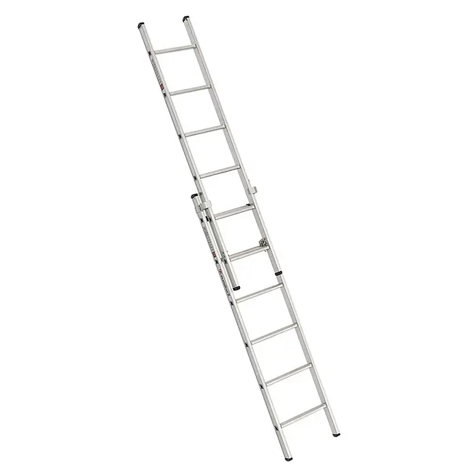 Euroline Schiebeleiter Premium 302 Schiebeleiter 2x6 Sprossen - Anzahl Tritte: 6 Stk., Arbeitshöhe: 4.150 m, Aluminium - Silberne Aluminium-Ausziehleiter, teilweise ausgefahren.