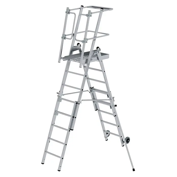 MUNK Plattformleiter FlexxStep 6 Sprossen mit Teleskopaufsatz plus 2 Sprossen -  - Aluminium-Mehrzweckleiter mit Plattform, Schutzgeländer und Rollen für stabiles Arbeiten in der Höhe.