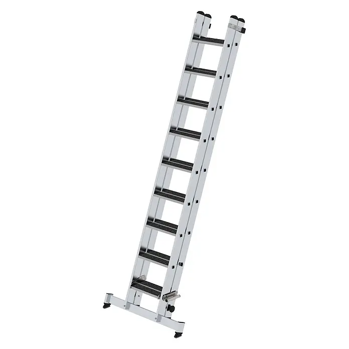 Munk Schiebeleiter Stufen-Schiebeleiter mit nivello-Traverse 2-teilig clip-step R13 2x9 Stufen - Anzahl Tritte: 9 Stk., Arbeitshöhe: 4.650 m, Aluminium - Silberne Aluminiumleiter mit rutschfesten Sprossen und verstellbarem Stabilisierungsfuß.