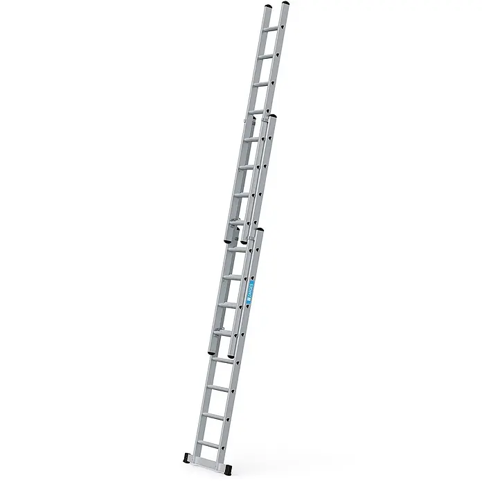 Zarges Schiebeleiter Everest 3DE Schiebeleiter 3x8 Sprossen - Anzahl Tritte: 8 Stk., Arbeitshöhe: 5.950 m, Aluminium - Silberne dreiteilige Aluminium-Schiebeleiter, vollständig ausgefahren.