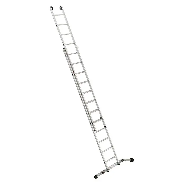 Euroline Schiebeleiter Premium 302 Schiebeleiter 2x12 Sprossen mit Vario-Traverse - Anzahl Tritte: 12 Stk., Arbeitshöhe: 6.800 m, Aluminium - Silberfarbene Aluminium-Ausziehleiter mit breiten Standfüßen und oberen Rollen.