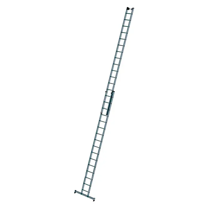 Munk Schiebeleiter Schiebeleiter mit Traverse 2x16 Sprossen - Anzahl Tritte: 16 Stk., Arbeitshöhe: 9.400 m, Aluminium - Silberne Aluminium-Ausziehleiter mit Stabilisator an der Basis.