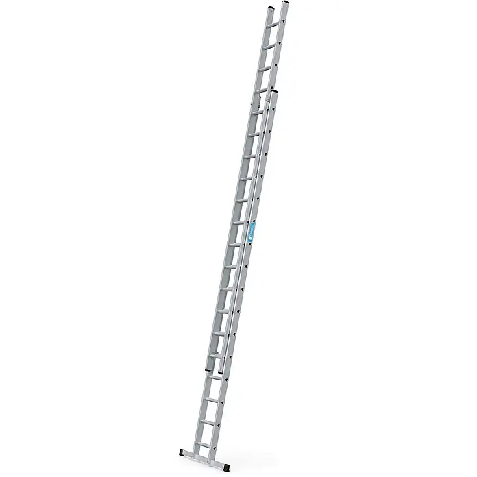 Zarges Schiebeleiter Schiebeleiter Everest 2DE 2x16 Sprossen - Anzahl Tritte: 16 Stk., Arbeitshöhe: 8.700 m, Aluminium - Silberne Aluminium-Ausziehleiter aufrecht stehend.
