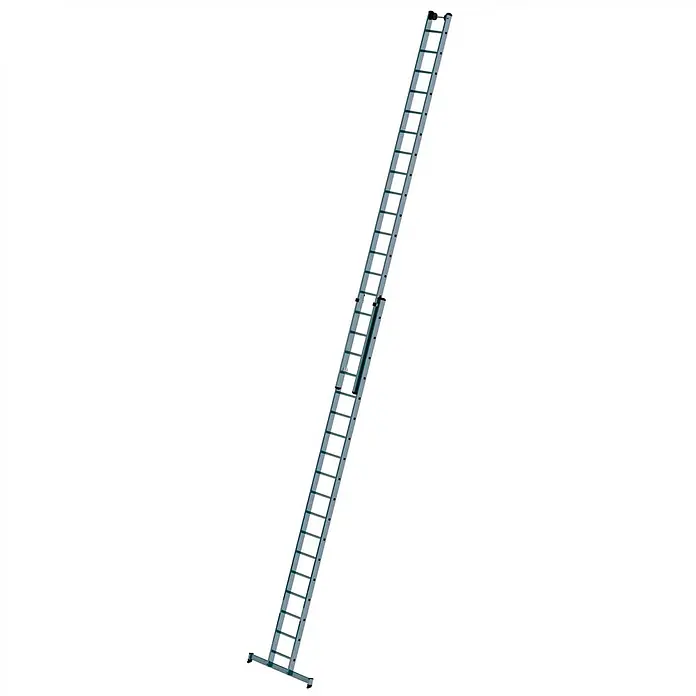 Munk Schiebeleiter Schiebeleiter mit Traverse 2x18 Sprossen - Anzahl Tritte: 18 Stk., Arbeitshöhe: 10.300 m, Aluminium - Hellgraue Aluminium-Ausziehleiter, ausgefahren, mit oberen Rollen und breiter Standtraverse.