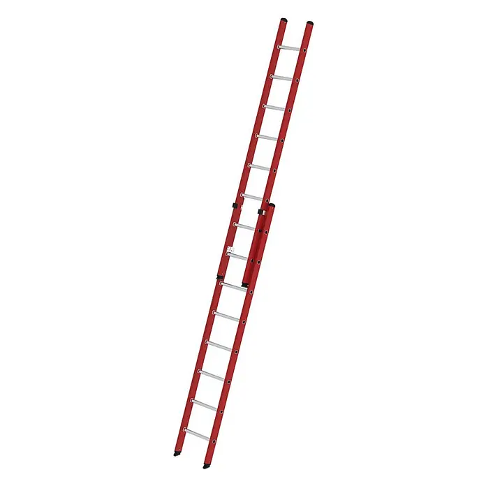 Munk Schiebeleiter Kunststoff Schiebeleiter 2x8 Sprossen - Anzahl Tritte: 8 Stk., Arbeitshöhe: 5.300 m, Kunststoff - Rote zweiteilige Ausziehleiter mit silbernen Sprossen.