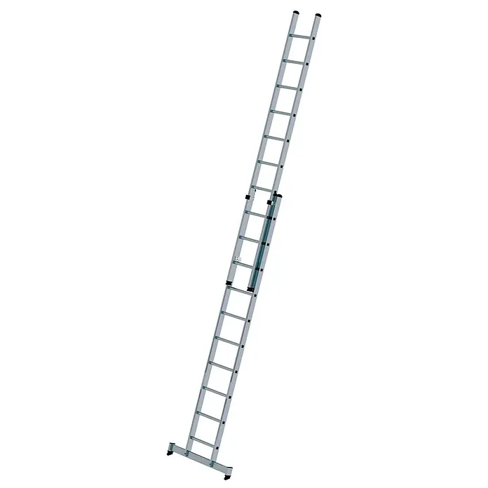 Munk Schiebeleiter Schiebeleiter mit nivello-Traverse 2x10 Sprossen - Anzahl Tritte: 10 Stk., Arbeitshöhe: 6.000 m, Aluminium - Silberne ausziehbare Metallleiter schräg gestellt.