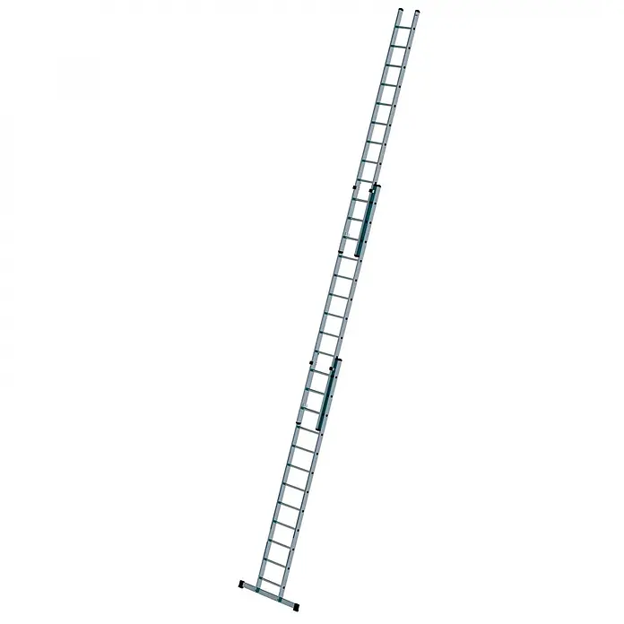 Munk Schiebeleiter Schiebeleiter mit Traverse 3x12 Sprossen - Anzahl Tritte: 12 Stk., Arbeitshöhe: 9.700 m, Aluminium - Graue Aluminium-Ausziehleiter mit verstellbarer Länge.