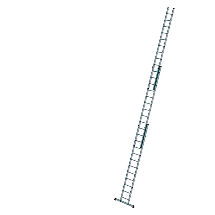 Munk Schiebeleiter Schiebeleiter mit Traverse 3x12 Sprossen - Anzahl Tritte: 12 Stk., Arbeitshöhe: 9.700 m, Aluminium - Silberne Ausziehleiter mit mehreren Segmenten.
