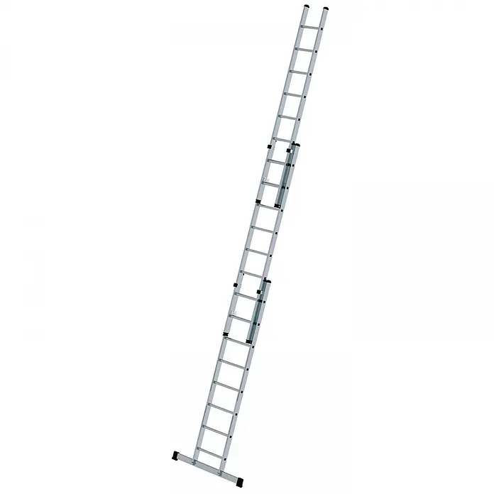 Munk Schiebeleiter Schiebeleiter mit Traverse 3x8 Sprossen - Anzahl Tritte: 8 Stk., Arbeitshöhe: 6.900 m, Aluminium - Silberne Aluminium-Ausziehleiter, vollständig ausgefahren.