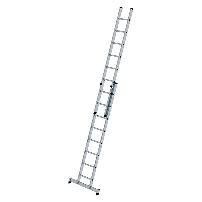 Munk Schiebeleiter Schiebeleiter mit nivello-Traverse 2x8 Sprossen - Anzahl Tritte: 8 Stk., Arbeitshöhe: 5.200 m, Aluminium - Silberne ausziehbare Aluminiumleiter für vielseitigen Höhenzugang, mit schwarzen rutschfesten Füßen.