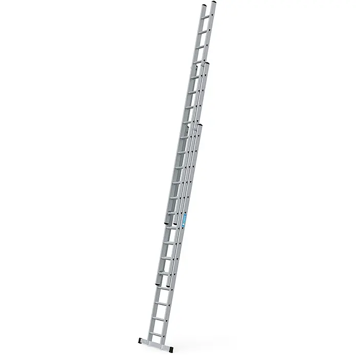 Zarges Schiebeleiter Everest 3DE Schiebeleiter 3x14 Sprossen - Anzahl Tritte: 14 Stk., Arbeitshöhe: 9.450 m, Aluminium - Vollständig ausgefahrene silberne dreiteilige Aluminium-Schiebeleiter mit Zarges-Logo.