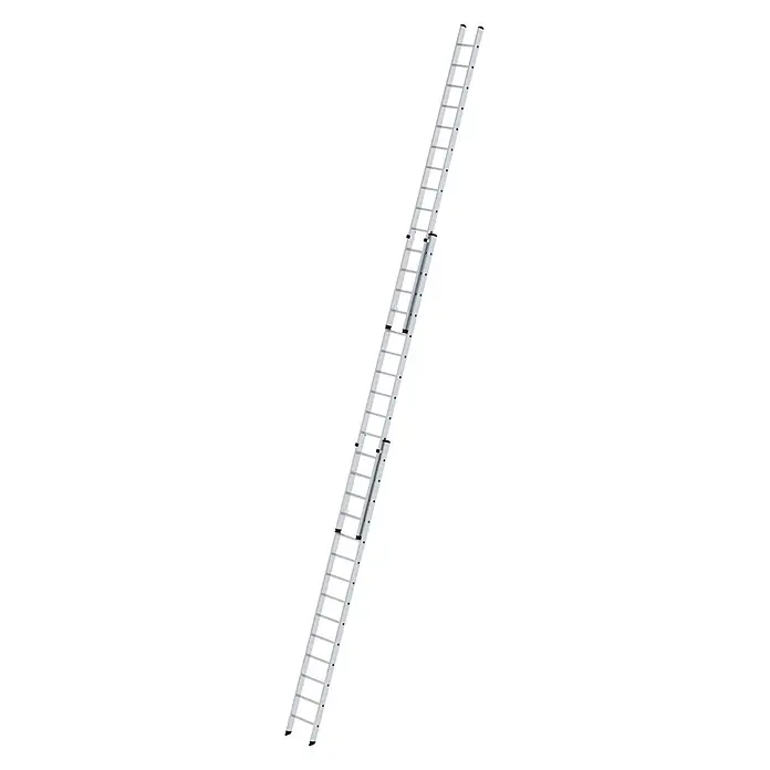 Munk Schiebeleiter Aluminium-Schiebeleiter 3-teilig ohne Traverse 3x14 Sprossen - Anzahl Tritte: 14 Stk., Arbeitshöhe: 10.800 m, Aluminium - Silberne Aluminium-Ausziehleiter.