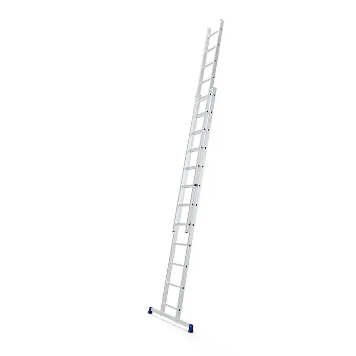 Werner Schiebeleiter Schiebeleiter 2x12 Sprossen - Anzahl Tritte: 12 Stk., Arbeitshöhe: 6.820 m, Aluminium - Silberne Aluminium-Ausziehleiter mit blauen Fußkappen.