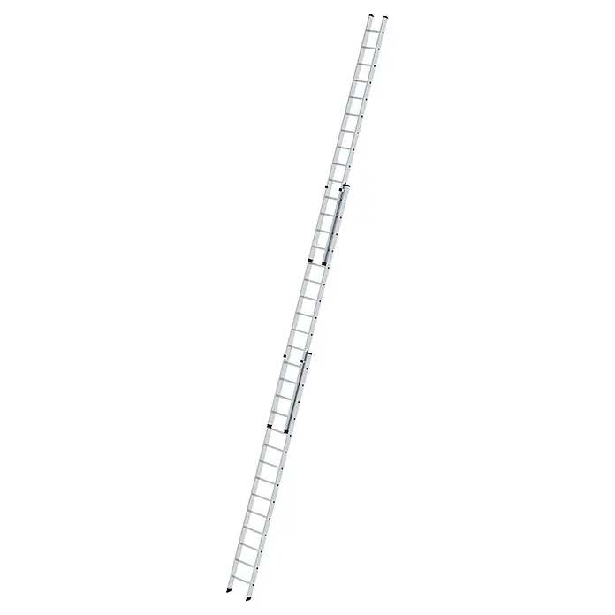 Munk Schiebeleiter Aluminium-Schiebeleiter 3-teilig ohne Traverse 3x14 Sprossen - Anzahl Tritte: 14 Stk., Arbeitshöhe: 10.800 m, Aluminium - Silberne dreiteilige Auszugsleiter