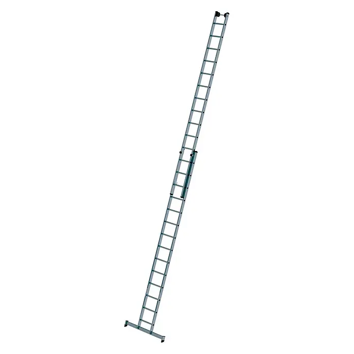 Munk Schiebeleiter Schiebeleiter mit Traverse 2x14 Sprossen - Anzahl Tritte: 14 Stk., Arbeitshöhe: 8.300 m, Aluminium - Silberne Aluminium-Ausziehleiter mit Stabilisator unten und Rollen oben zur einfachen Positionierung.